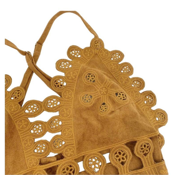 HONEY Punch Vintage Suede Crochet Cut-Out Festival Bralette Criss-Cross Back - Picture 3 of 9